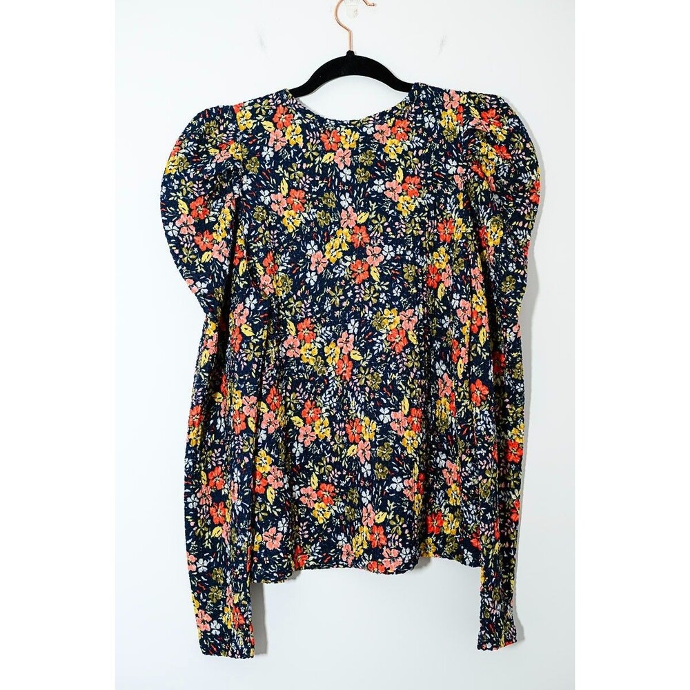 LOFT Petites Dark Floral Blouse puff long sleeves gauzy Cottage Boho Fairy MP - Picture 3 of 5